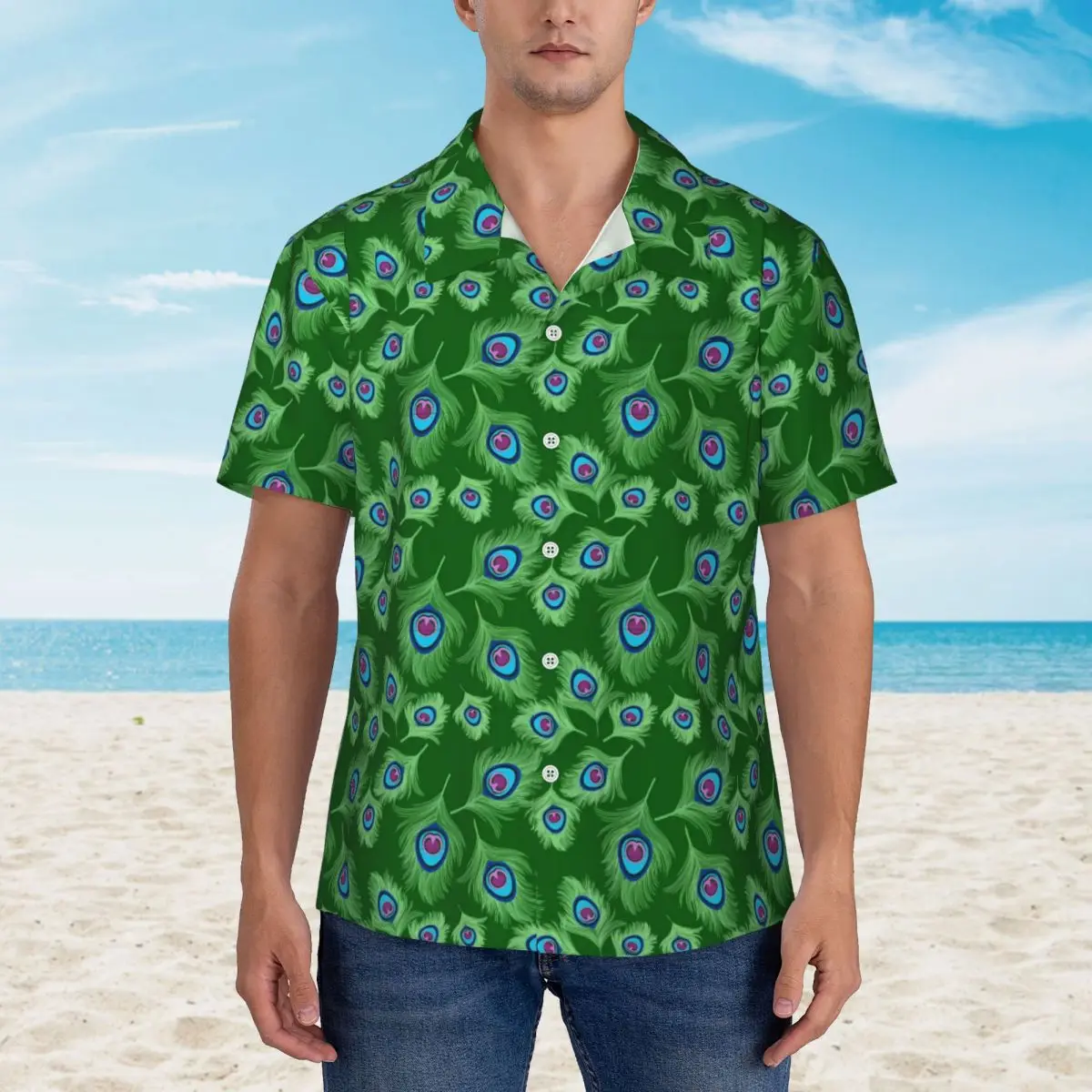 Peacock Feathers Vacation Shirt Men Lime and Blue Casual Shirts Hawaiian Short-Sleeve Classic Oversize Blouses Birthday Present