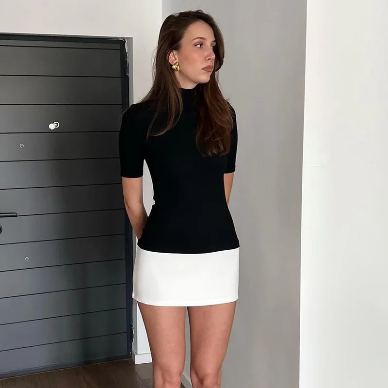 Fashionable Personalized Dresses For Summer With Contrasting Colors Short Dress Half-high Collar Mid-sleeves Mid-waist Clothes
