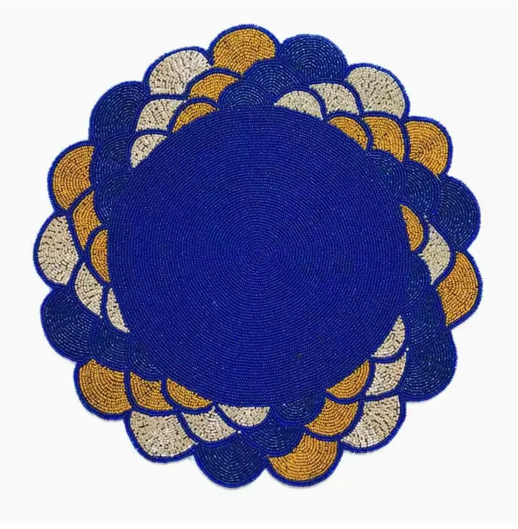 Handmade Natural Bead Place mat, sun flower sea blue Table Mat, Luxury Cover, Sewing, 35cm, Decor, Home, Desk, MF880