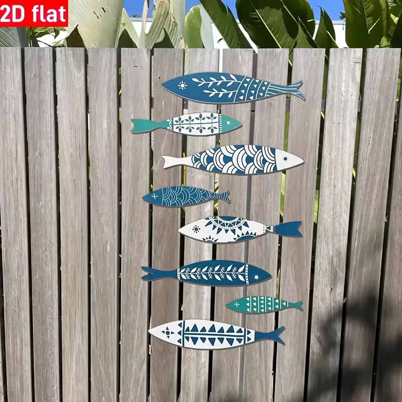 8PCS 2D Flat Coastal Fish Wall Decor, Blue & White Boho Fish Art with Double-Sided Nano Tape