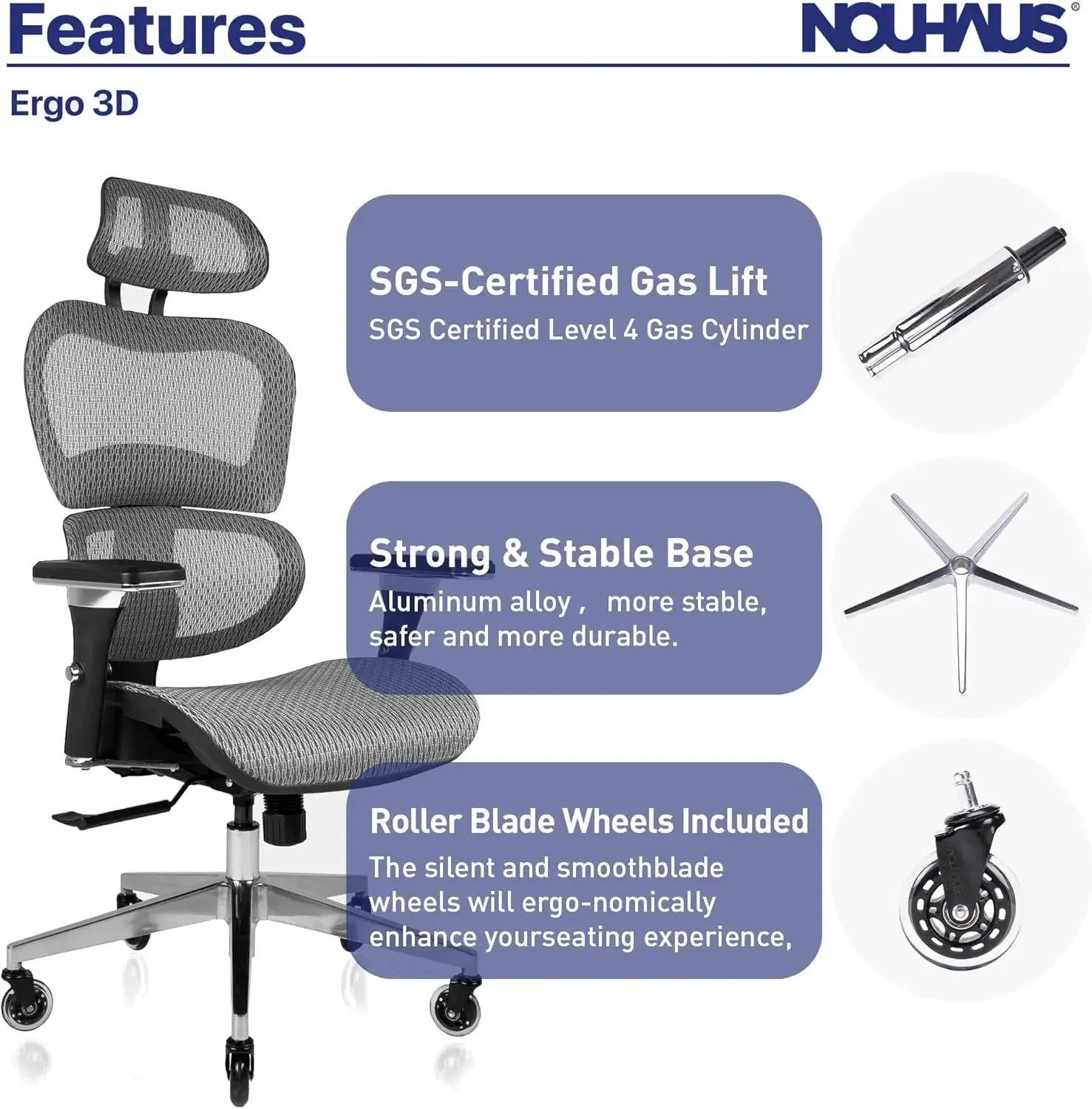 NouKevin Ergo3D-Chaise de Bureau Ergonomique en Maille avec Accoudoir Réglable 4D, Support Lombaire, Repose-Sauna Réglable