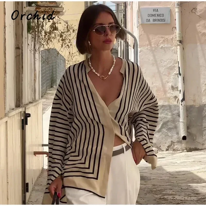 

Casual Striped Silk Shirts Women Loose O-neck Single Breasted Long Flare Sleeve Shirt Blouse Female 2025 Spring New Lady Tops