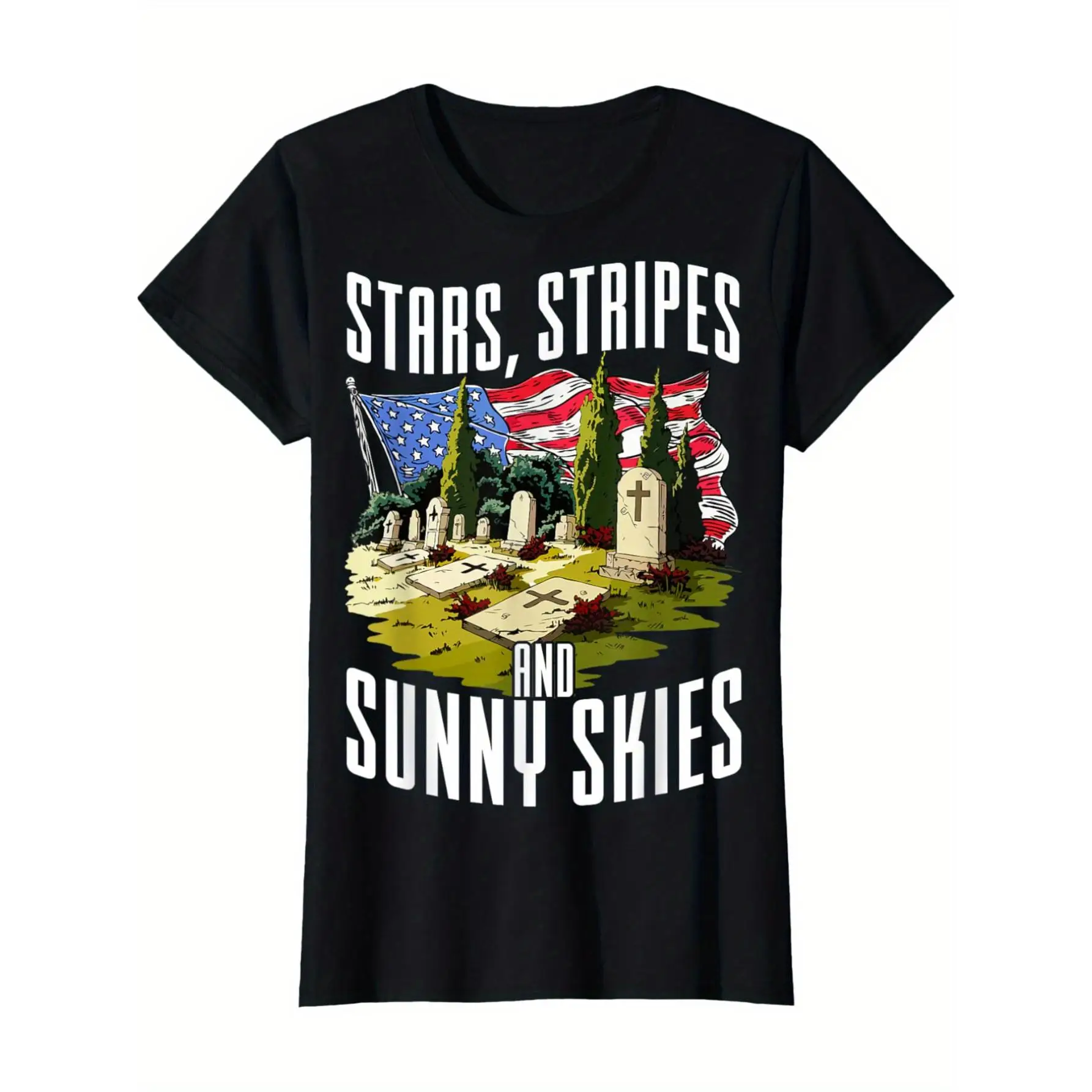 

Women's Patriotic Military Memorial Day T-Shirt - Stars Stripes & Sunny Skies Design with American Flag & Tombstones Graphic