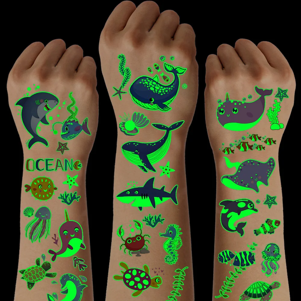 12 Sheets Luminous Ocean Sea Animals Temporary Tattoos, Ocean Worlds Seaside Beach Birthday Party Supplies, Christmas Eve Gifts