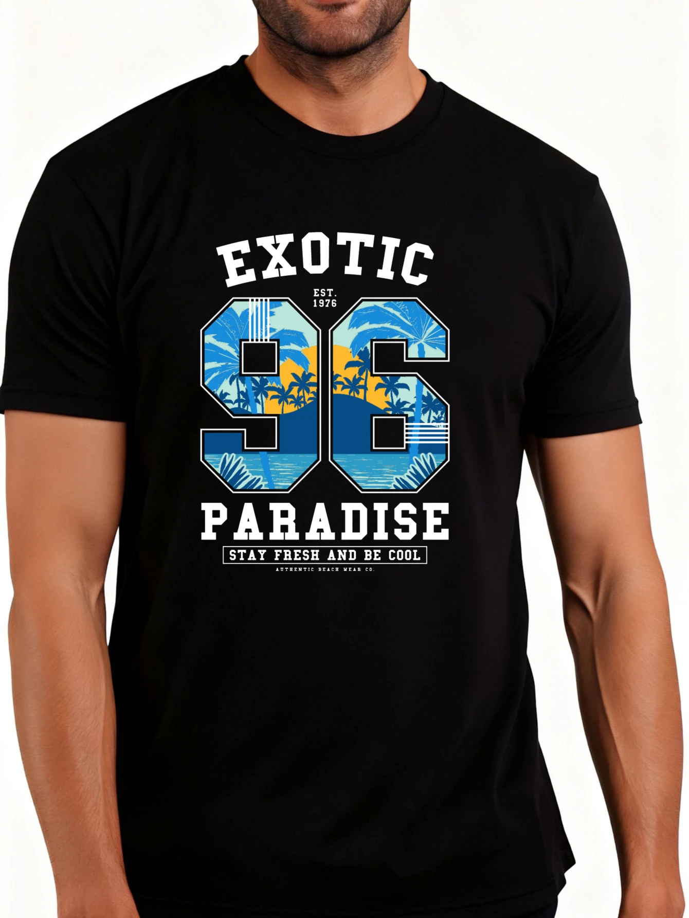 Men's Solid Pattern T-Shirt - Breathable, Soft, Lightweight - Exotic Paradise Tropical Scene Design - Vintage Fun Pattern Casual Short Sleeve Summer Top, Gift for Him