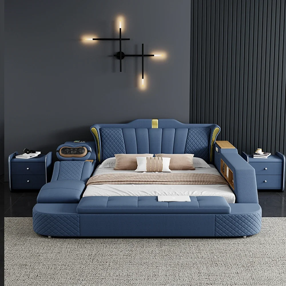 Modern Tech Smart Genuine Leather Bed with Massage, Bluetooth Speakers & USB – Luxury Multifunctional King Size Bed with Ottoman