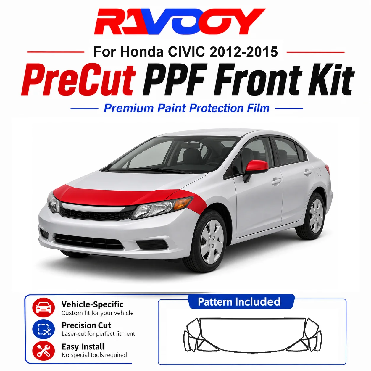 Kit de Película Protetora (PPF) de TPU Pré-Cortada de 8.5mil para Honda CIVIC 2012-2015 - Conjunto para Capô, Para-lamas e Espelhos - Película Transparente Autorregenerativa