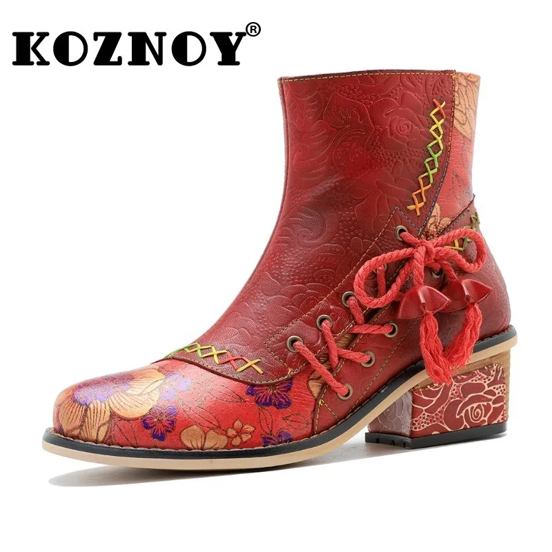 

Koznoy 5.3cm Cowboy Boots Sheepskin Leather ZIP Big Size Autumn Spring Women Retro Ankle Chunky Heels British Style Ethnic Shoes