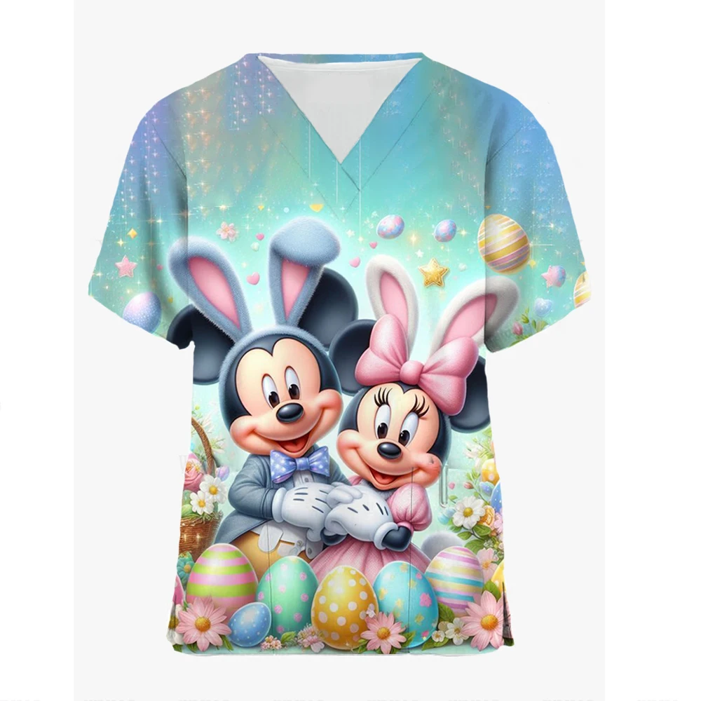 2024 Disney Pocket Hospital Woman Clothes Nurse Uniform Tees Women\'s T-shirts Mickey Top Women V Neck T-shirt Minnie Mouse Tops