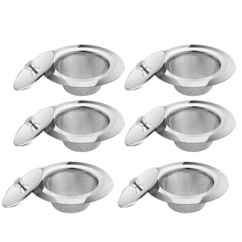 Filtros de drenagem em aço inoxidável para pia de cozinha, filtro de drenagem com tampa, malha anti entupimento, 6 PCs