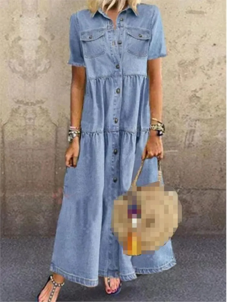 

2024 Women's Spring Summer New Fashionable Cowboy Style Long Style Single Row Multi Button Vintage Short Sleeve Collar Dress