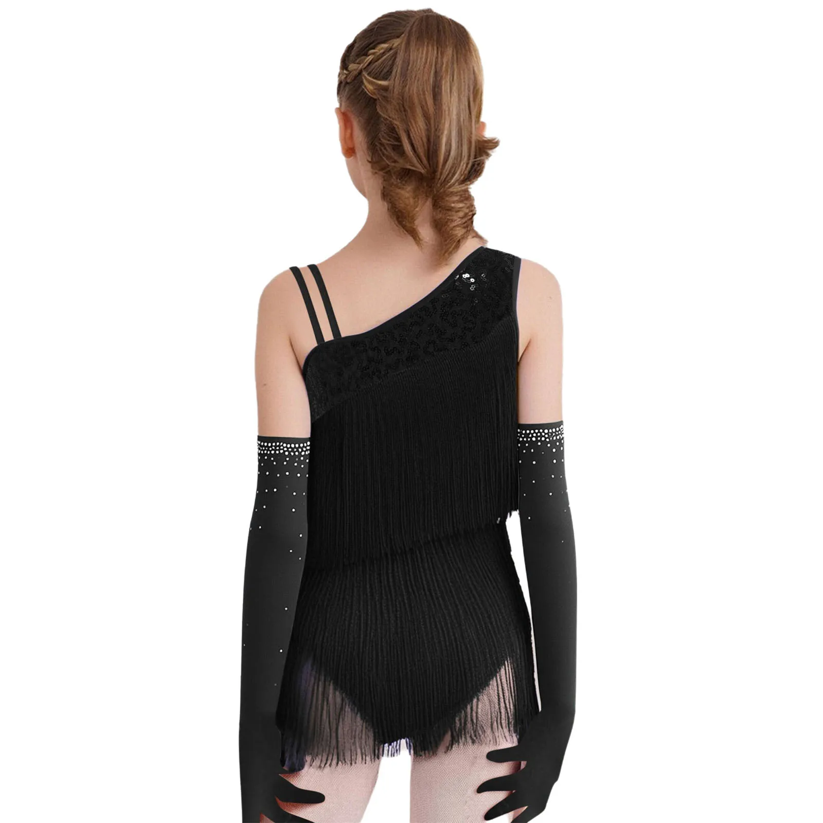 Vestito da ballo latino jazz per ragazze Costume da spettacolo moderno per salsa da sala da ballo Body con paillettes asimmetriche con nappe a strati con guanti