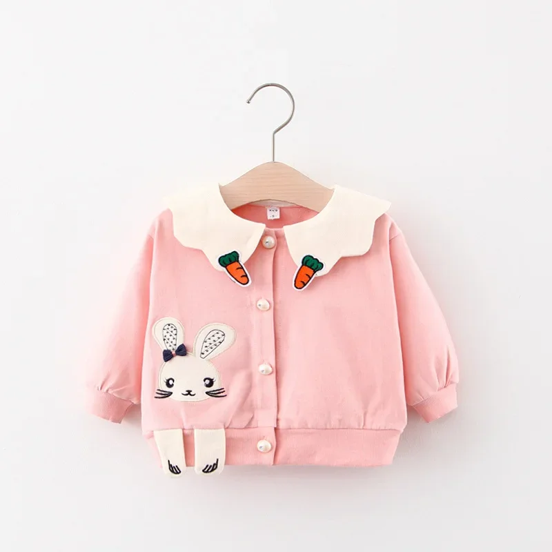 Spring New Baby Girls Dress Lapel Rabbit Cartoon Pattern Carrot Lapel Hoodie Tight Button Solid Color Coat