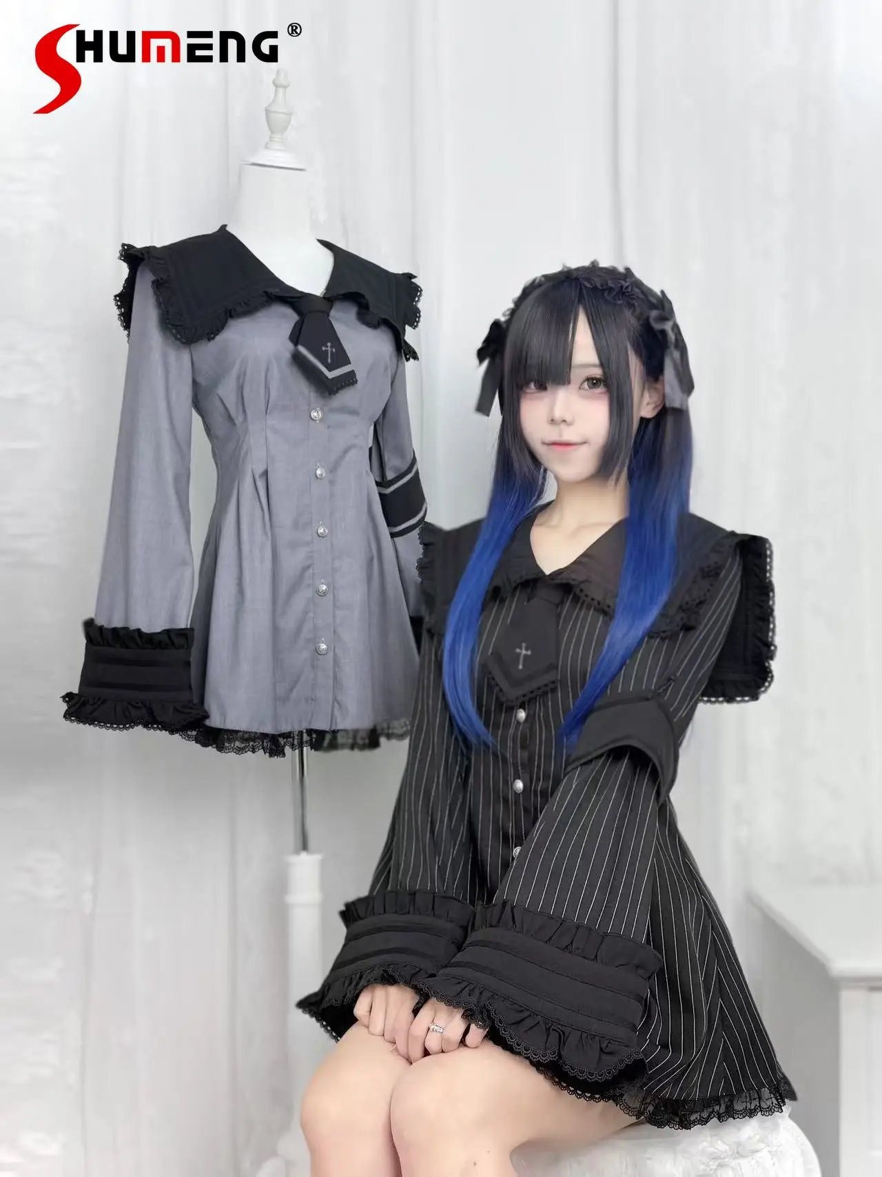 Women's Lolita Outifits Mine Style Mass-produced Subculture Navy Collar Tie Lace Long-sleeved Dress and Shorts Two-piece Set