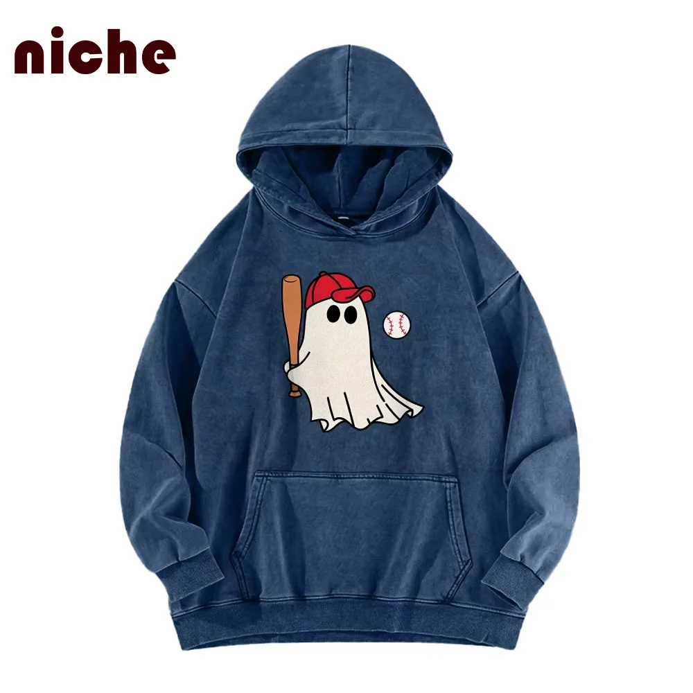 Cute Cartoon Baseball Ghost Graphic Print Hoodie Neutral Style Shoulder Loose Designer Trend New Hooded Sweater Sweatshirt