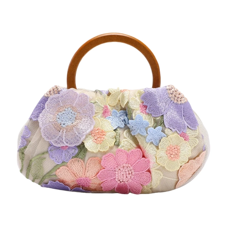 

Fashionable Floral Embroidered Evening Bag Circular Wooden Handle Handbag Pleated Design Women's Wedding Party Clutch Bag