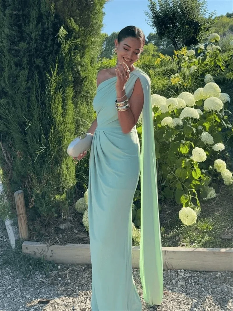 

Sexy Green Prom Dress One Shoulder Sleeveless Long Stripe Party Gown Sheath Formal Bridal Wedding Birthday Robe