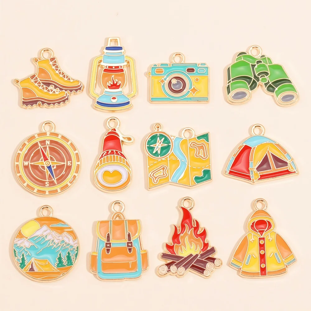 12Pcs/set Outdoor Camping Theme Charm Enamel Tent Telescope Compass Flashlight Pendant for DIY Jewelry Making Accessory Supplies