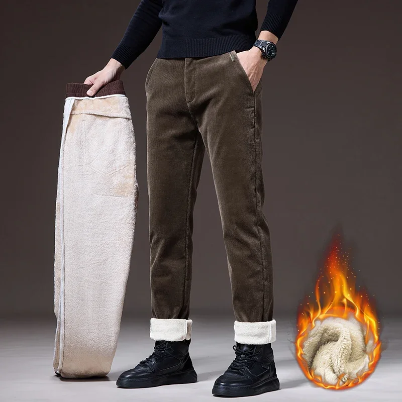 

Fleece Business Men's Corduroy Casual Pants Winter Warm Straight Thickened Thermal Trousers Fashion Korean Male Brand Clothing