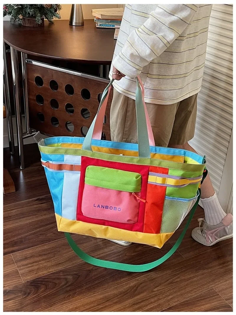 Color Block Patchwork Tote Crossbody Bag Multi-Pocket Casual Carryall for Adults Work School Travel Gym