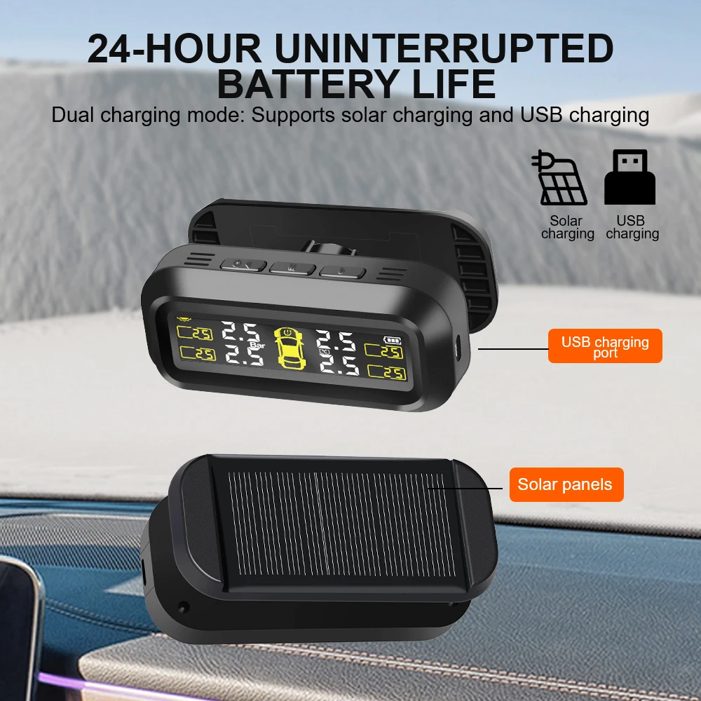 Sensores TPMS para coche, sistema de supervisión de presión de neumáticos, diagnóstico de ordenador a bordo, Solar/USB t