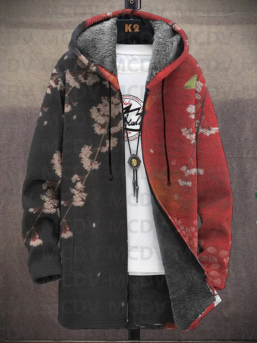 Men\'s Japanese Style Crane Print Hooded Two-Pocket Fleece Cardigan Jacket