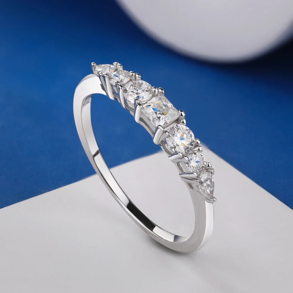 7‑Stone Full Moissanite Half‑Eternity Ring for Women,925 Sterling Silver Stackable Band,Finger Jewelry for Wedding Engagement Anniversary Proposal Birthday Holiday Gift Accessories