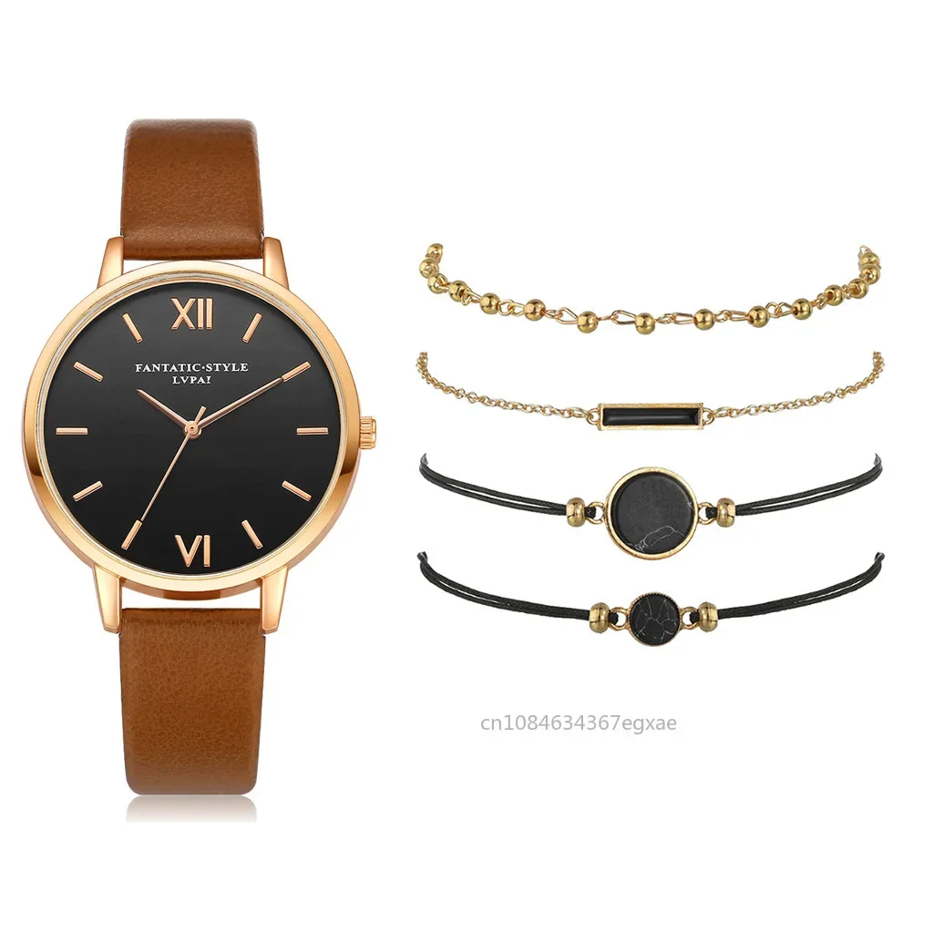 Conjunto de reloj de cuarzo para mujer, pulsera elegante con piedras preciosas, reloj de pulsera de cuarzo, relojes de cuarzo de cuero, conjunto de pulsera, reloj de regalo, 5/1 Uds.