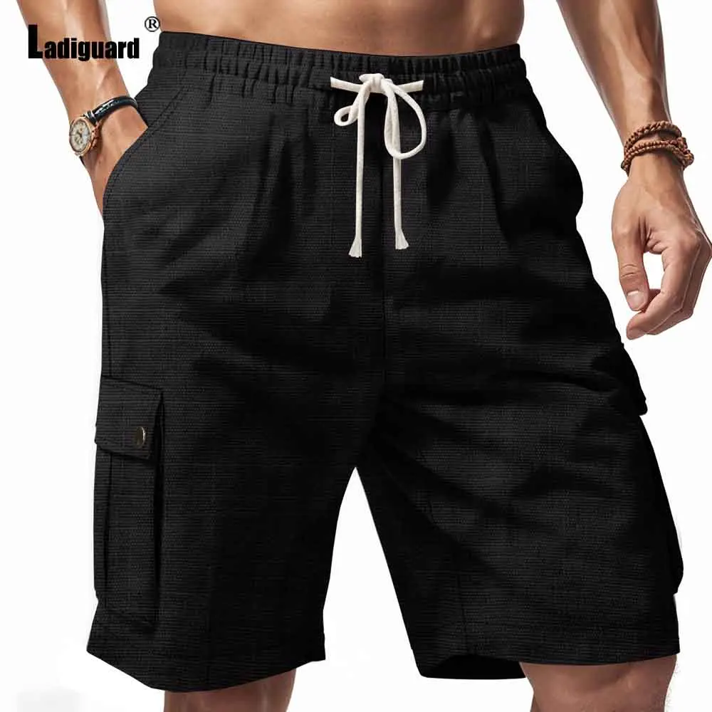 Men's Stand Pocket Casual Linen Shorts 2025 European Style Fashion Board Short Pants Khaki Soft Elastic Waist Beach Shorts New