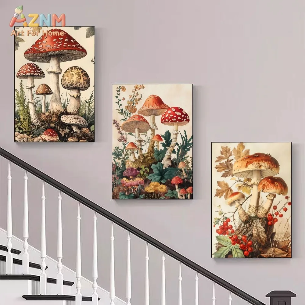 AZNM Vintage Fly Agaric Mushroom Canvas Print Forest Botanical Plant Retro Cottagecore Natural Scenery Home Wall Poster Unframed
