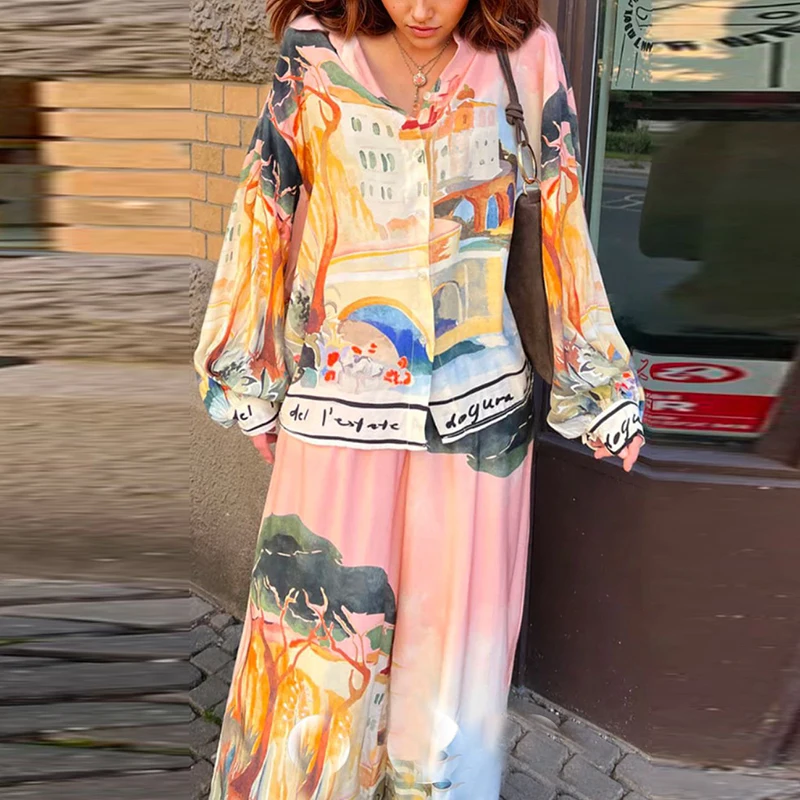 

Fashion Loose Women's Outfits Elegant Lapel Button Commute Sets Leisure Pattern Printed Long Sleeve Shirts & Wide Leg PantsSets