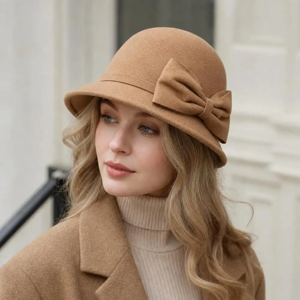 Elegant Brim Bowler Fedora Hats Church Bowler Cloche Hats Women Vintage Retro Hat Autumn Winter Warm Hat Wool Felt Bucket Cap