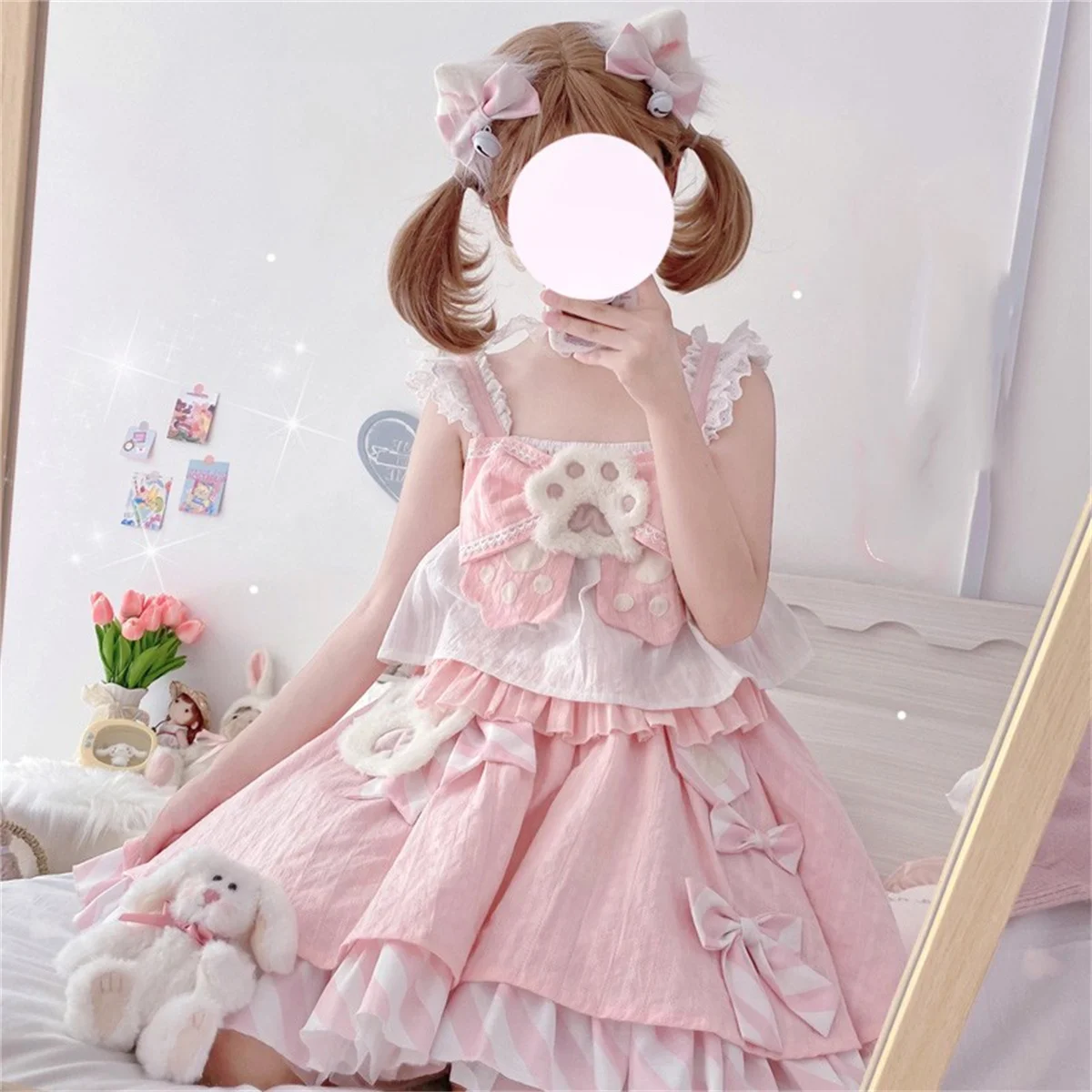 

Japanese Style Cute Girls Cosplay Lolita Jsk Kawaii Sweet Loli Lace Ruffled Striped Bow Plush Cat Claw Backless Cake Dress