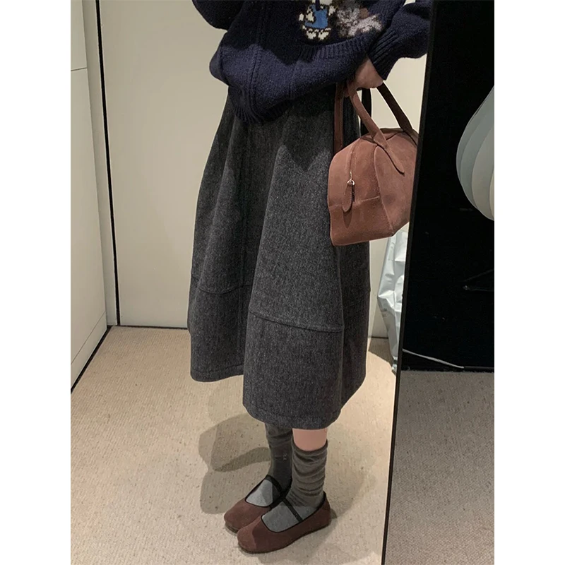 Vintage Woolen Midi Skirt Women  Streetwear High Waist Skirts Autumn Winter Ladies  Casual Design A Line