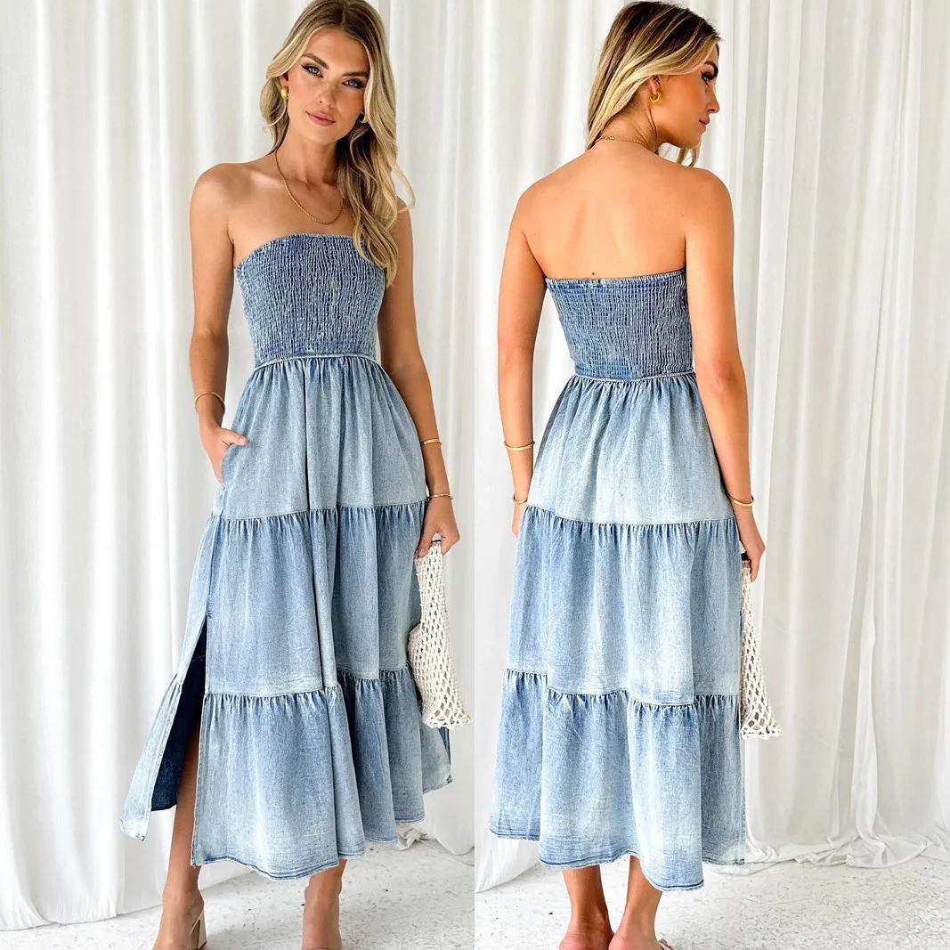 

2026 New Summer Women Elegant Hem Patchwork Side Split Strapless Tiered Cake Denim Long Dress Fashion Casual Party Dress