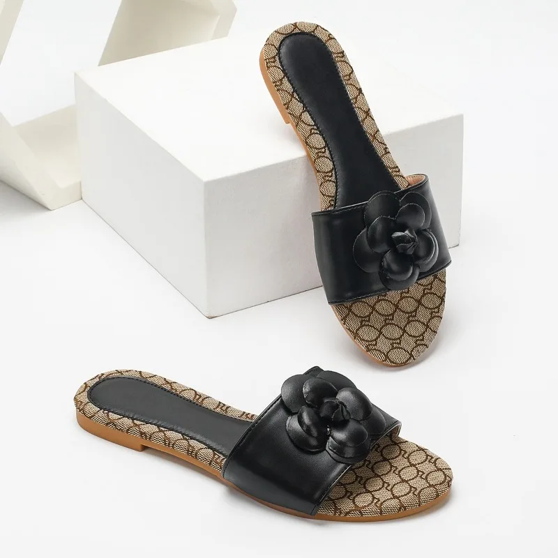 أنيقة الأسود كاميليا الديكور النعال المسطحة المرأة الصيف المفتوحة تو الشرائح الصنادل مريحة خفيفة عدم الانزلاق حذاء كاجوال #3