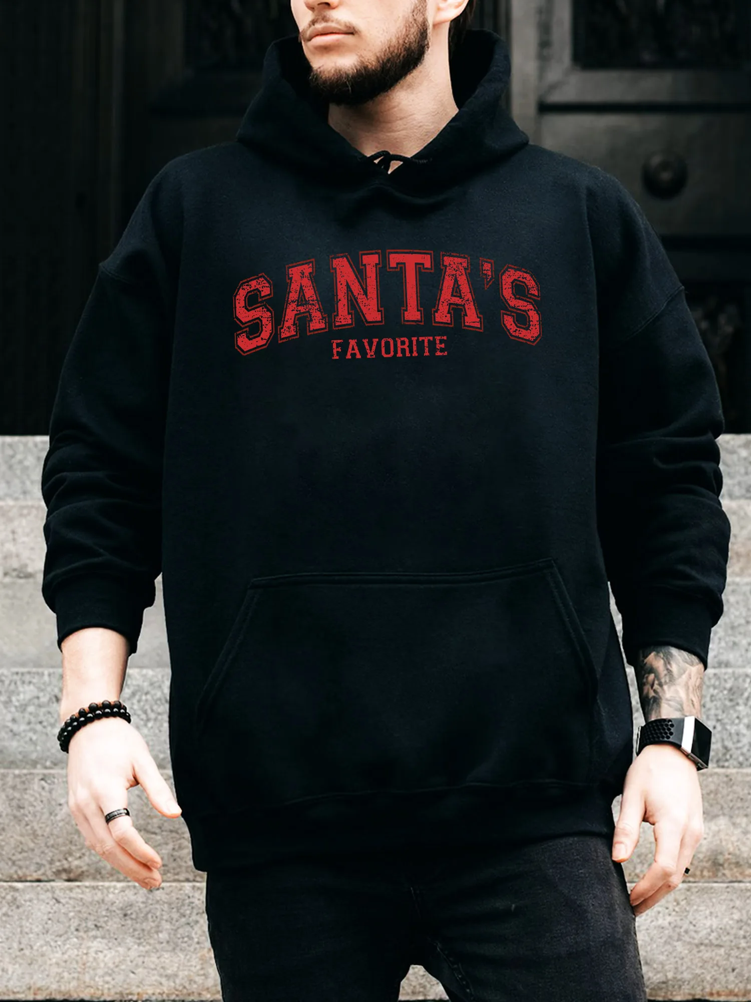 

Мужская толстовка с капюшоном на шнурке Distressed Santa's Favorite — повседневный удобный черный пуловер, осенне-зимняя толстовка с капюшоном