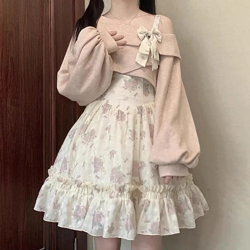 Sweet Lolita Style 2 Piece Dress Set Women Pink Bow Knitted Coat Kawaii Floral Mini  Female Korean Fashion Beach Party Suit