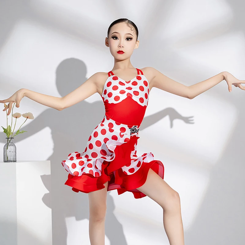 

Summer Red Polka Dot Latin Dance Dress Girls Sleeveless Latin Dance Clothing Kids Professional Dancing Dresses Split Suit