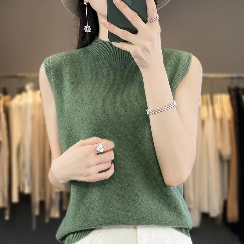 Suéter sin mangas de lana merina pura de 100% para primavera, otoño y verano para mujer, Sudadera con capucha de punto con cuello medio alto, Top de gama alta de Color sólido