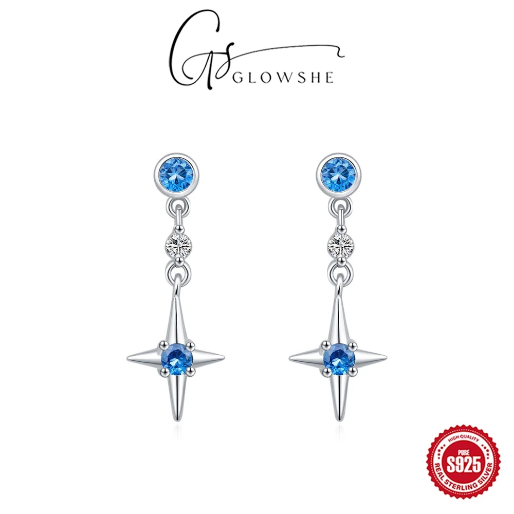 

Glowshe Real 925 Sterling Silver Blue Zircon Star Earrings For Women Girls Party Accessories Jewelry luxury High Quality Gift