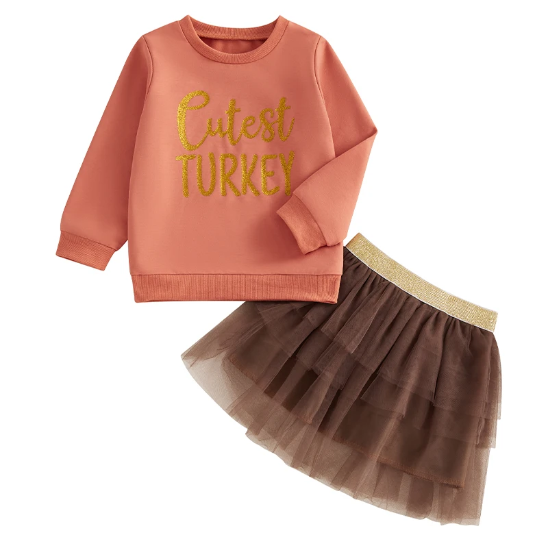 

Kids Girls 2-piece Outfit Long Sleeve Glitter Letters Sweatshirt with Tulle Skirt Thanksgiving Clothes