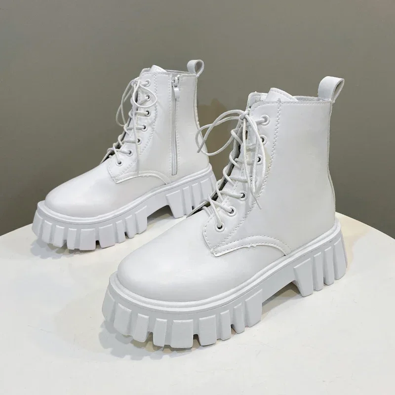 2024 White New Women Ankle Boots Autumn Winter Platform Zipper Women Punk Boots Thick Sole Lace Up Combat Booties Female Mujer