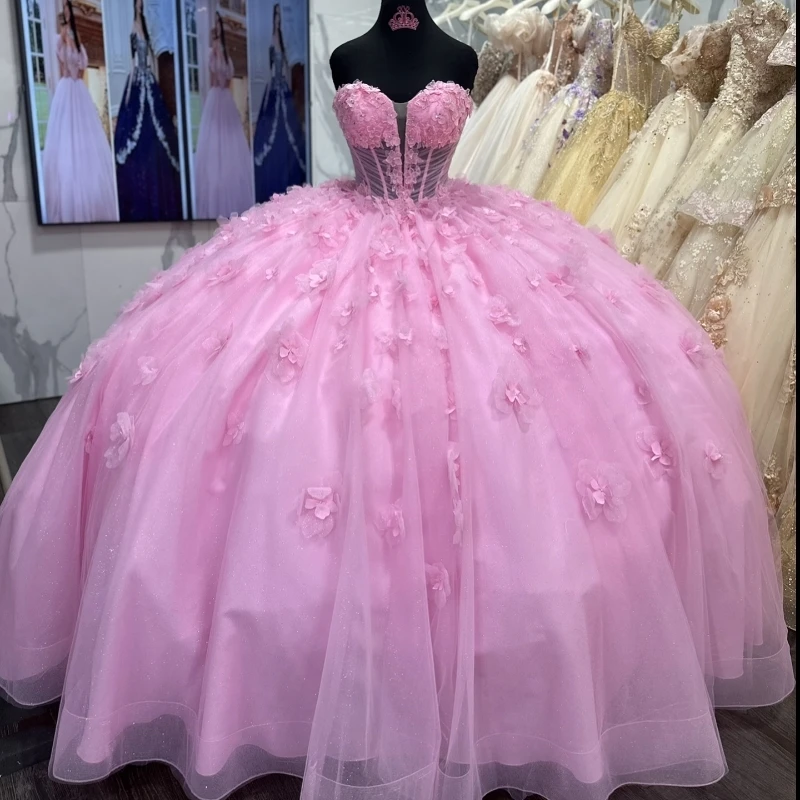 Mexikanische rosa Quince anera Kleider Ballkleid Perlen Blume Tull Korsett süß 16 Kleid Prinzessin Schnürung Vestido de 15 Anos