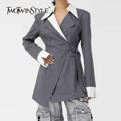 TWOTWINSTYLE Colorblock Spliced Belt Irregular Blazer For Women Notched Collar Long Sleeve Patchwork Pocket Slim Blazers Female