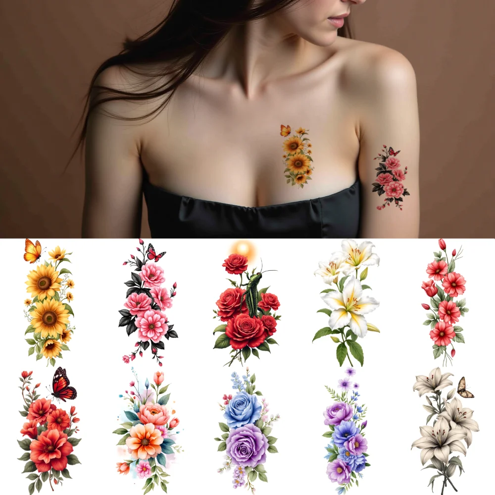

9 шт., временные татуировки, водонепроницаемые, долговечные наклейки на тело, пионы, лилии, орхидеи для плеч, спины, взрослых