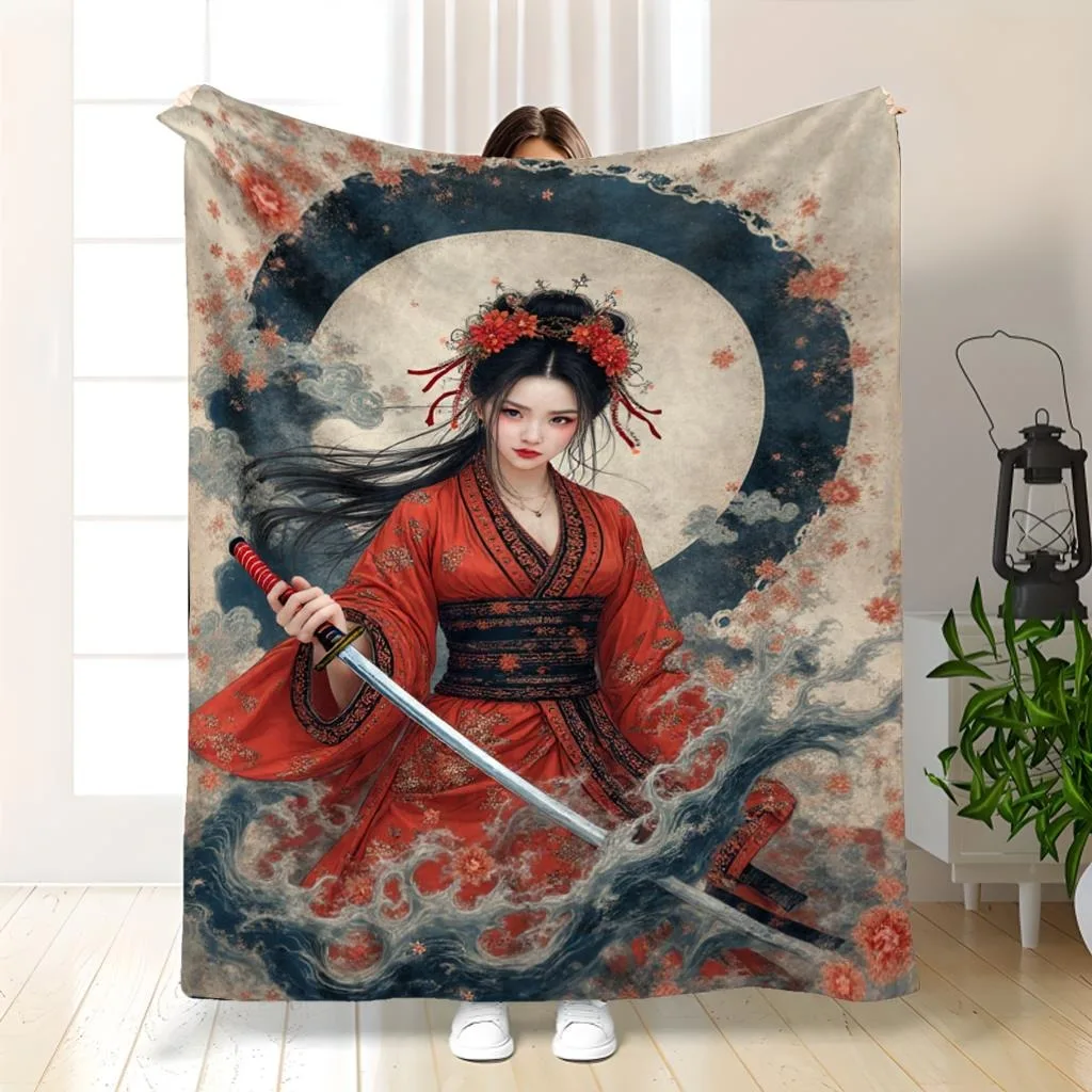 

Японское одеяло-плед с изображением гейши и луны: элегантный традиционный художественный узор, уютное покрывало для дивана в азиатском стиле для домашнего декора.