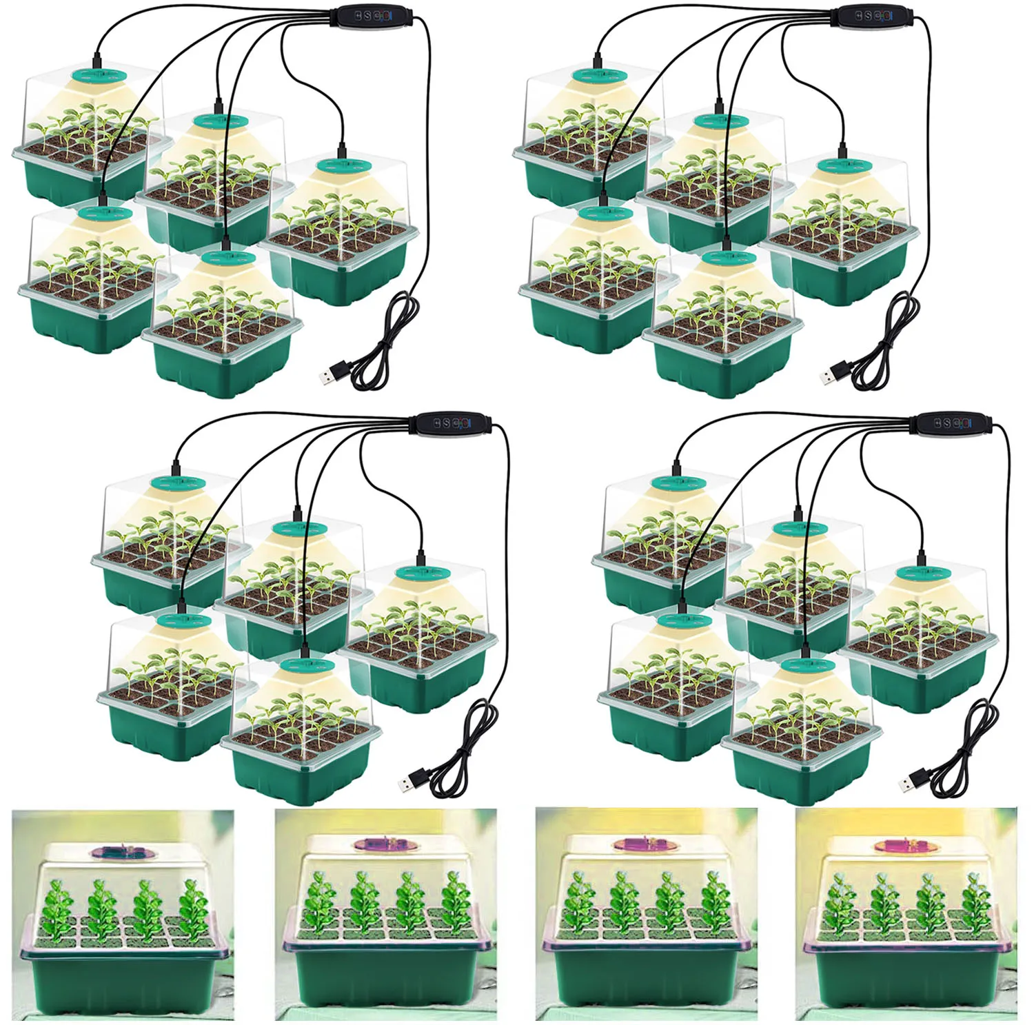 Full Spectrum LED Grow Light Indoor Plant with Seed Starter Trays, Greenhouse Growing Lamp with Holes 12 Cell Per Seedling Trays