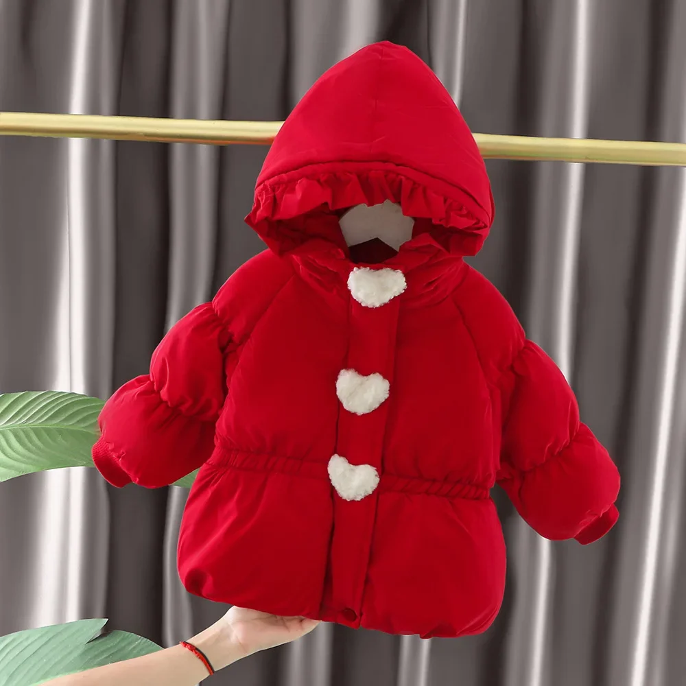 

Korean Style Red Heart Hooded Fleece Lined Cotton Coat for Girls Winter Warm Jacket Zipper Suitable for 1-5Y