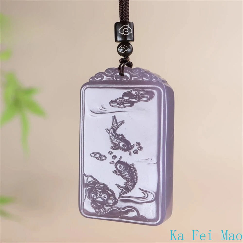 

Натуральный нефрит Хэтянь, дымчато-фиолетовый, с резьбой в виде двух рыб, кулон «Безмятежность», роскошные ювелирные изделия, модные украшения, изысканные подвески